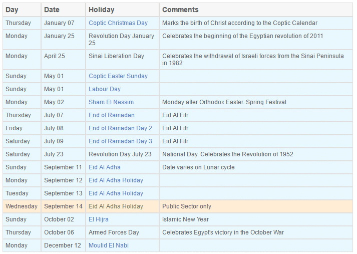 national holidays in Egypt